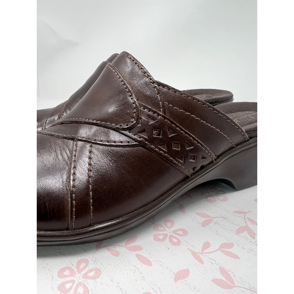 CLARKS Bendables Mules Women 9M Brown Leather Wedge Slide Stitch 62890 Cushioned - Picture 13 of 15